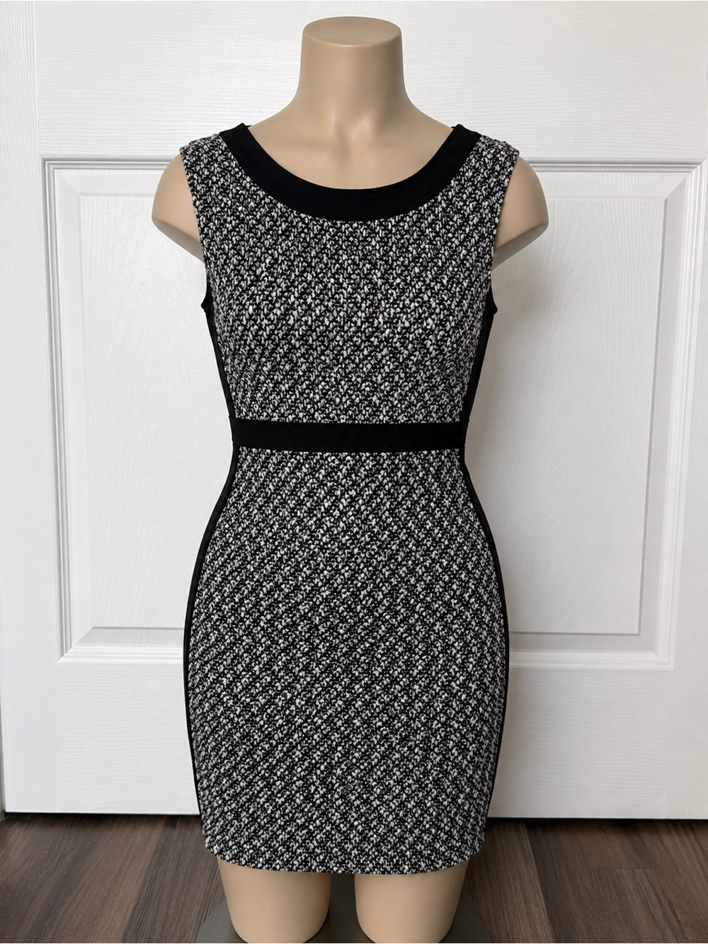Sleeveless Black & White Tweed Sheath Dress
